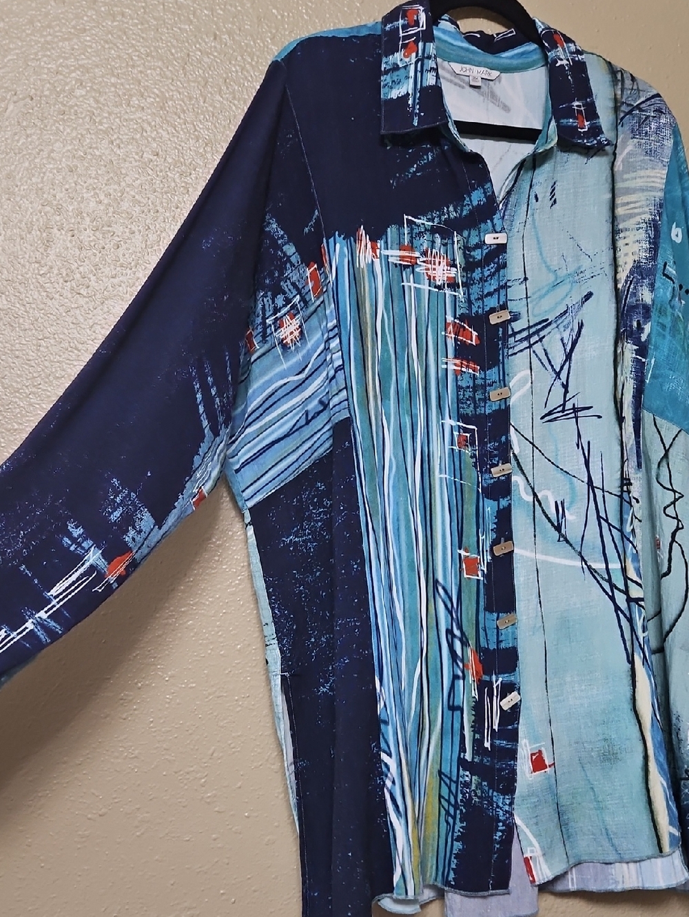 John Mark 2X Abstract Blue Button-Up Art Print Shirt Tunic Artsy - Picture 2 of 16